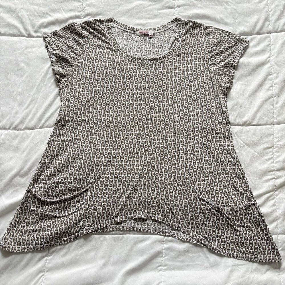 Womens Size XL Blouse Short Sleeve Scoop Neck Pockets Brown Office 90s Y2K